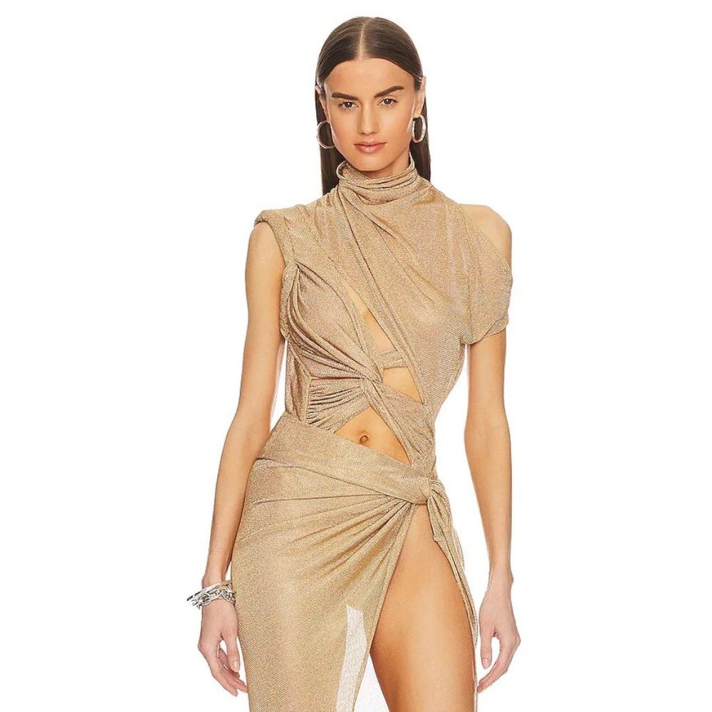 LaQuan Smith Hand Draped Geometric Bodysuit in Gold